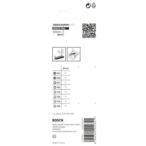 Комплект битове PRO Impact, PH1; PH2; PZ1; PZ2; T15; T20; T25; T30, 25 mm, 8бр, 2608521U61, BOSCH