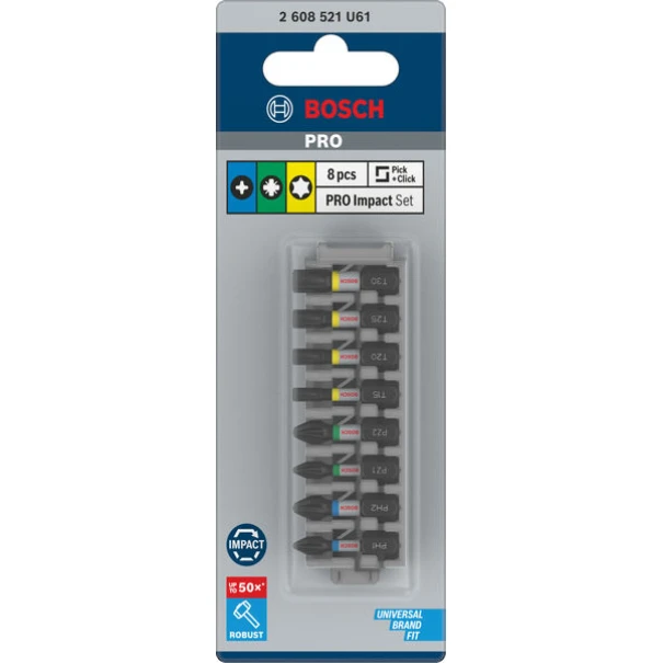 Комплект битове PRO Impact, PH1; PH2; PZ1; PZ2; T15; T20; T25; T30, 25 mm, 8бр, 2608521U61, BOSCH