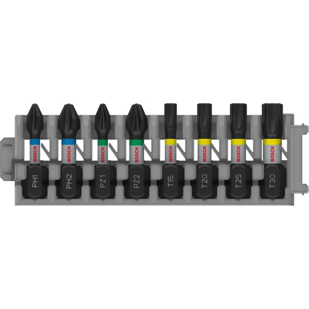 Комплект битове PRO Impact, PH1; PH2; PZ1; PZ2; T15; T20; T25; T30, 25 mm, 8бр, 2608521U61, BOSCH