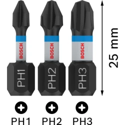Битове PRO PH Impact, PH1 x 25, PH2 x 25, PH3 x 25 mm, 3бр, 2608522470, BOSCH