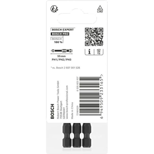 Битове PRO PH Impact, PH1 x 55, PH2 x 55, PH3 x 55 mm, 3бр, 2608522491, BOSCH