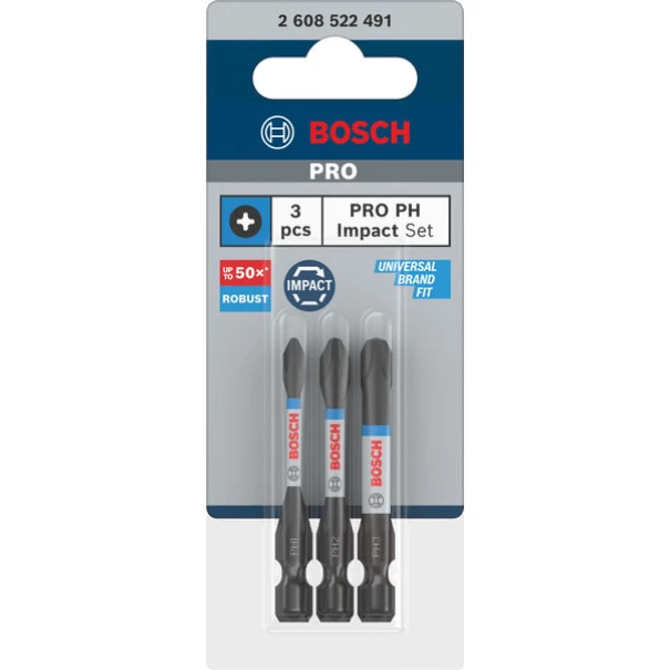 Битове PRO PH Impact, PH1 x 55, PH2 x 55, PH3 x 55 mm, 3бр, 2608522491, BOSCH