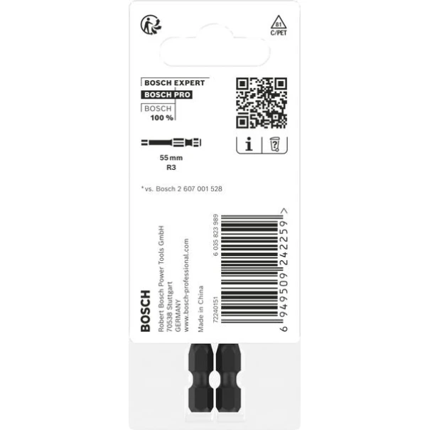 Бит PRO Robertson Impact, R3, 55 mm, 2бр, 2608522552, BOSCH