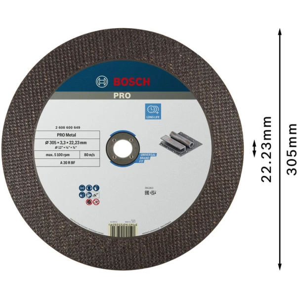 Композитен диск за рязане PRO Metal, 300 x 3,2 x 22,23 mm, 2608600649, BOSCH