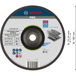Композитен диск за рязане PRO Stainless Steel and Metal, 180 x 1,6 x 22,23 mm, с вдлъбнат център, oSa, 2608600710, BOSCH