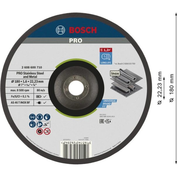 Композитен диск за рязане PRO Stainless Steel and Metal, 180 x 1,6 x 22,23 mm, с вдлъбнат център, oSa, 2608600710, BOSCH
