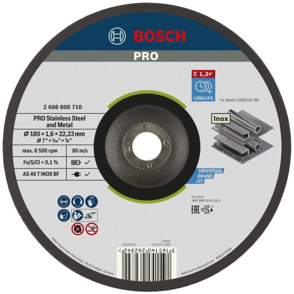Композитен диск за рязане PRO Stainless Steel and Metal, 180 x 1,6 x 22,23 mm, с вдлъбнат център, oSa, 2608600710, BOSCH