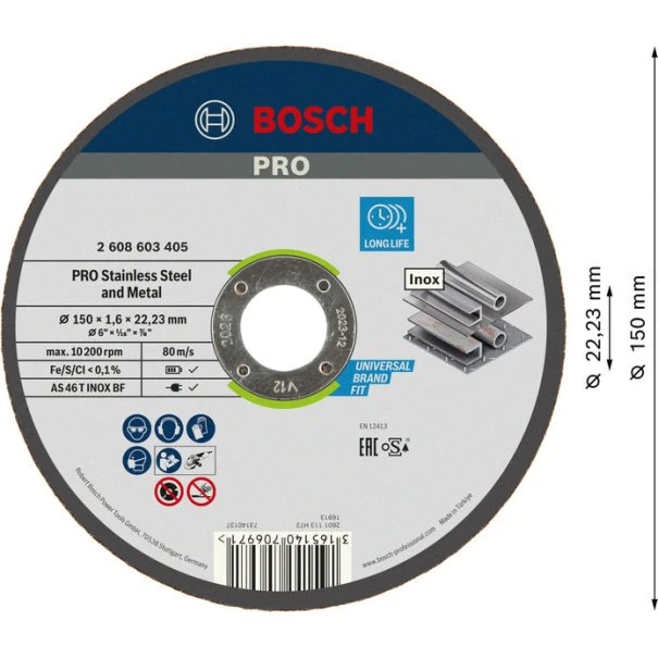 Композитен диск за рязане PRO Stainless Steel and Metal, 150 x 1,6 x 22,23 mm, прав, oSa, 2608603405, BOSCH