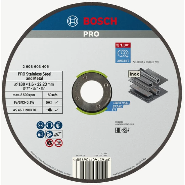 Композитен диск за рязане PRO Stainless Steel and Metal, 180 x 1,6 x 22,23 mm, прав, oSa, 2608603406, BOSCH