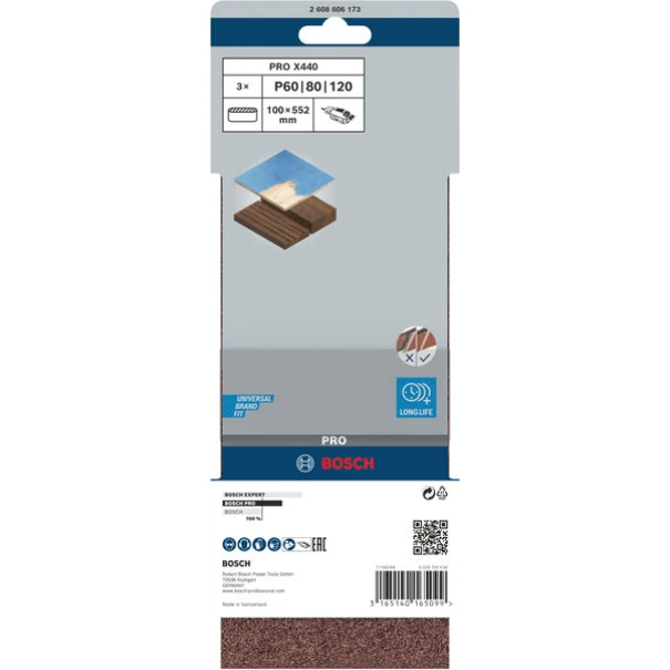 Лентова шкурка PRO X440, 100 x 552 mm, G60, G80, G100, 3бр, 2608606173, BOSCH