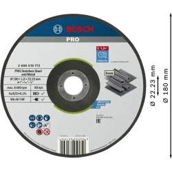 Композитен диск за рязане PRO Stainless Steel and Metal, 180 x 1,6 x 22,23 mm, с вдлъбнат център, 2608619772, BOSCH