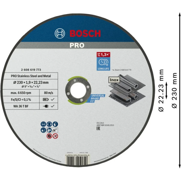 Композитен диск за рязане PRO Stainless Steel and Metal, 230 x 1,9 x 22,23 mm, прав, 2608619773, BOSCH