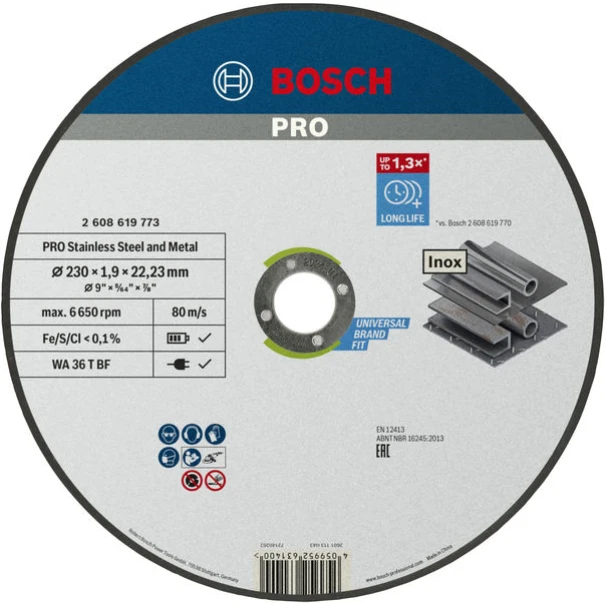 Композитен диск за рязане PRO Stainless Steel and Metal, 230 x 1,9 x 22,23 mm, прав, 2608619773, BOSCH