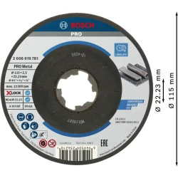 Композитен диск за рязане PRO Metal, 115 x 2,5 x 22,23 mm, X-Lock, с вдлъбнат център, 2608619781, BOSCH