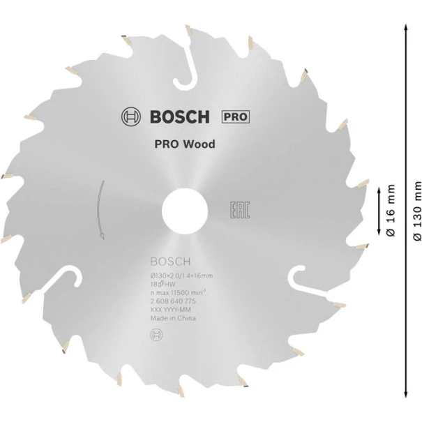 Диск за циркуляр PRO Wood, 130x2x16mm, z=18, T18, 2608640775, BOSCH