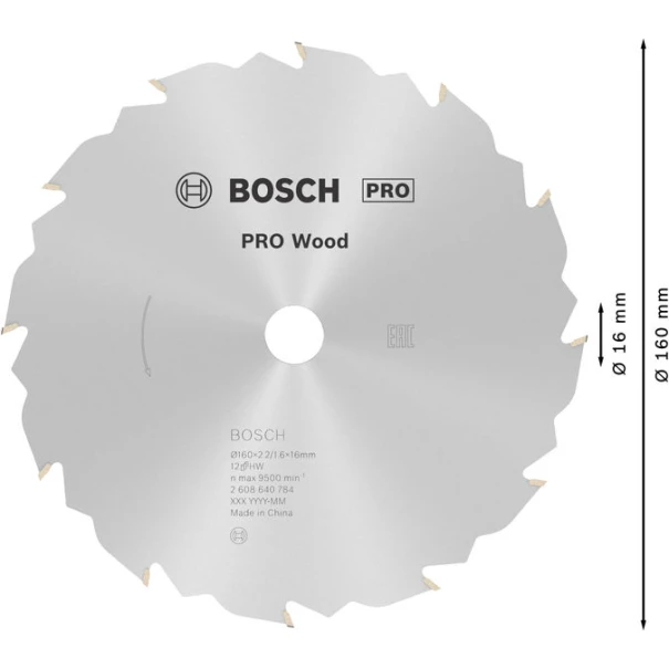 Диск за циркуляр PRO Wood, 160x2,2x16mm, z=12, 2608640784, BOSCH