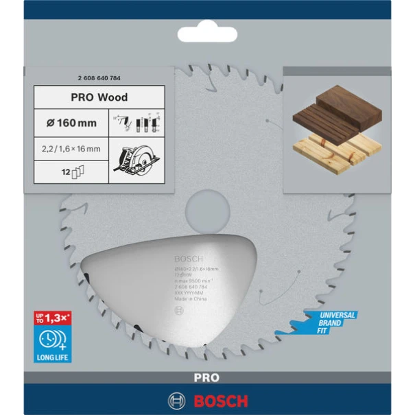 Диск за циркуляр PRO Wood, 160x2,2x16mm, z=12, 2608640784, BOSCH