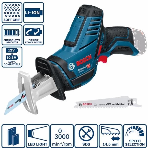 Акумулаторен саблен трион +GSA 12V-14, SOLO, 65mm/50mm, 060164L902, BOSCH