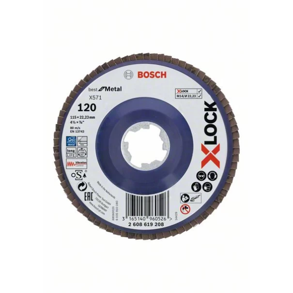 Диск ламелен за ъглошлайф X-LOCK, прав, Ø115mm, G 120, X571, 1бр., 2608619208, BOSCH