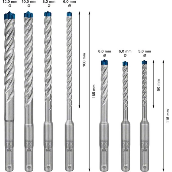 Комплект свредла за перфоратор EXPERT SDS-plus-7Х 5/6/6/8/8/10/12 mm 7бр, 2608900195, BOSCH