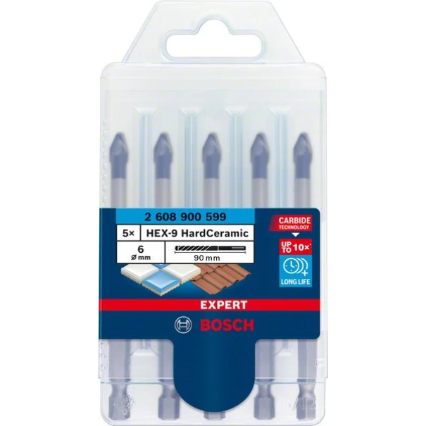 Комплект свредла за керемиди EXPERT HEX-9 HardCeramic, 6 mm 5бр, 2608900599, BOSCH