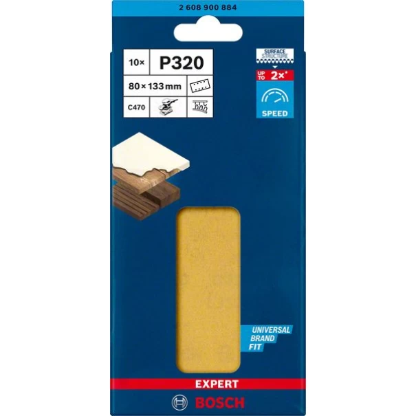Шкурка EXPERT C470 с 8 отвора, за виброшлайфи, 80 x 133 mm, G 320 10бр, 2608900884, BOSCH
