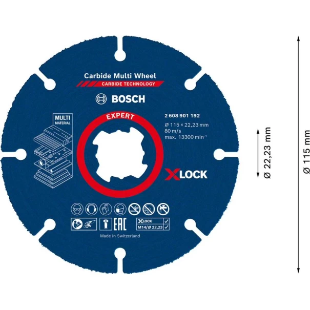 Отрезен диск EXPERT Carbide Multi Wheel X-LOCK 115 mm, 22,23 mm, 2608901192, BOSCH