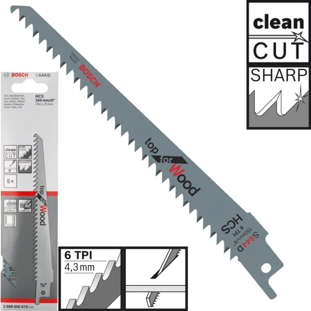 Нож за саблен трион за дърво S 644 D, Top for Wood, 5бр, 2608650673, BOSCH
