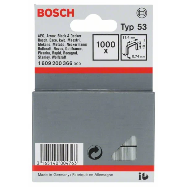 Скоба от фина тел тип 53, 11,4x0,74x10 mm, 1000 бр, 1609200366, BOSCH