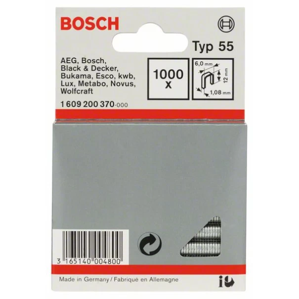 Скоба с тесен гръб тип 55, 6x1,08x12 mm, 1000 бр, 1609200370, BOSCH