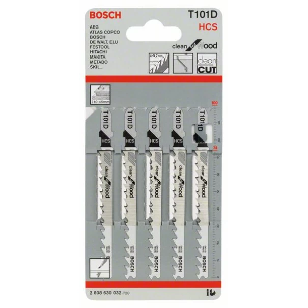 Нож за прободен трион T 101 D, Clean for Wood, 5бр, 2608630032, BOSCH