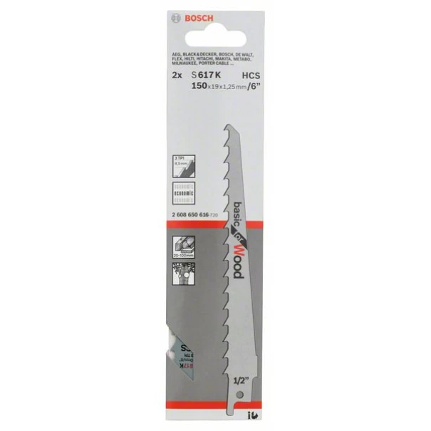 Нож за саблен трион за дърво S 617 K, Basic for Wood, 2бр, 2608650616, BOSCH