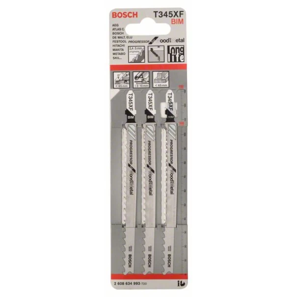 Нож за прободен трион T 345 XF, Progressor for Wood and Metal, 3бр, 2608634993, BOSCH