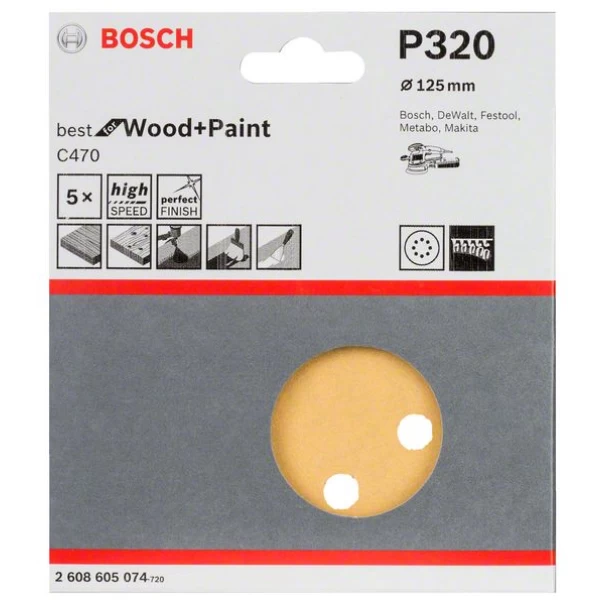 Набор шлифовъчни ленти, 5 ч, 125 mm, G 3205, 2608605074, BOSCH