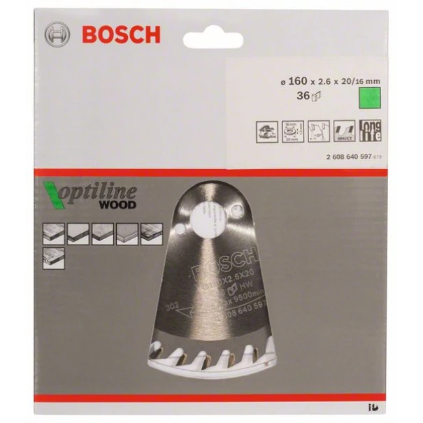 Диск за циркуляр Optiline Wood, 160x20/16x2,6mm, z=36, 1бр, 2608640597, BOSCH