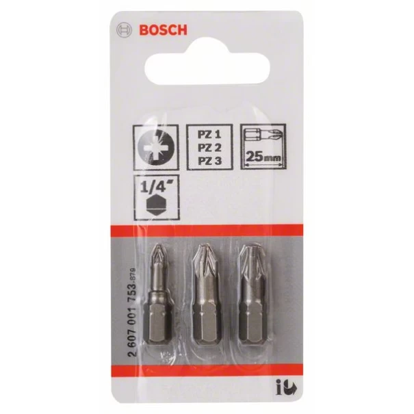 Комплект битове, особено твърди (PZ), 3ч PZ1; PZ2; PZ3; 25 mm, 2607001753, BOSCH
