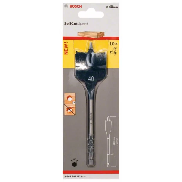 Свредло плоско фрезово Self Cut Speed, с шестостен 1/4", 40,00x152, 1бр, 2608595502, BOSCH