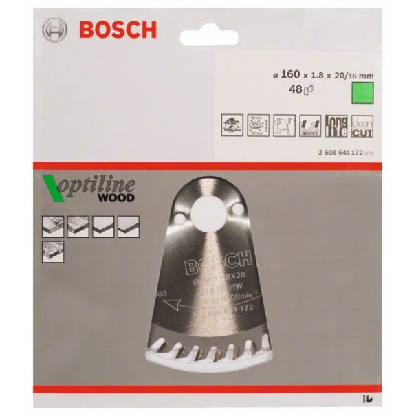 Диск за циркуляр Optiline Wood, 160x20/16x1,8mm, z=48, 1бр, 2608641172, BOSCH