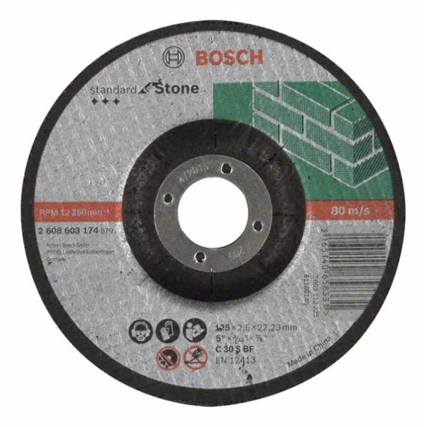 Диск за рязане, вдлъбнат, Standard for Stone C 30 S BF, 125 mm, 22,23 mm, 2,5 mm, 2608603174, BOSCH