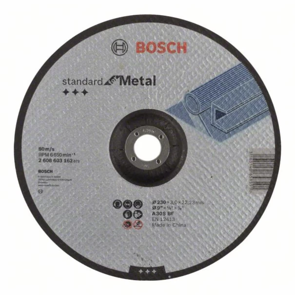Диск за рязане, вдлъбнат, Standard for Metal, A 30 S BF, 230 mm, 22,23 mm, 3,0 mm, 1 бр, 2608603162, BOSCH