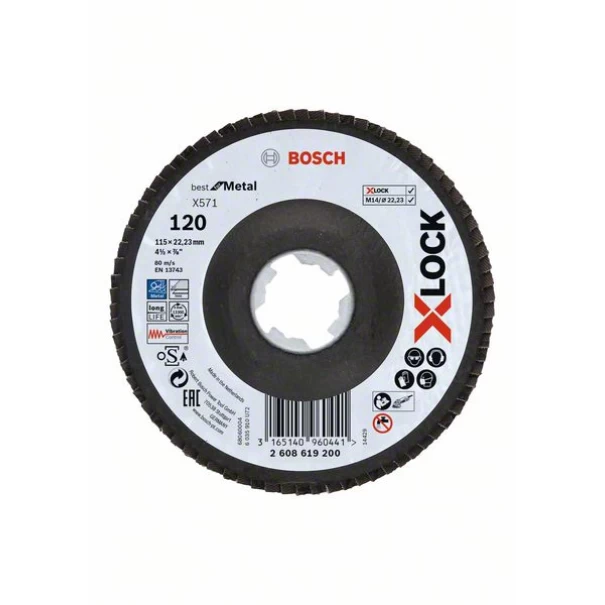 Диск ламелен за ъглошлайф X-LOCK Best for Metal X571, конус, основа фибростъкло, Ø115mm, G 120, 2608619200, Bosch