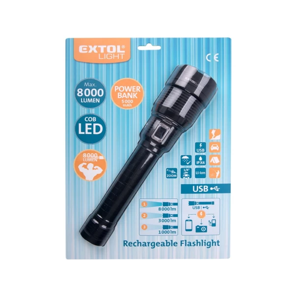 Фенер Power Bank 8000lm COB, 60W LED, 43142, EXTOL LIGHT