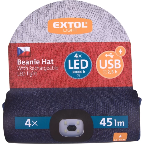 Шапка с челник 4х45lm акумулаторна, USB, бяло-червено-синя, 43450, EXTOL LIGHT