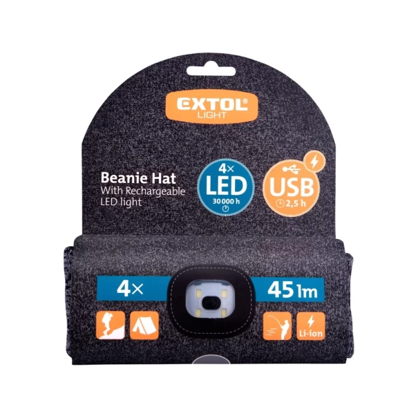 Шапка с челник 45lm USB сиво-черна, 43462, EXTOL LIGHT