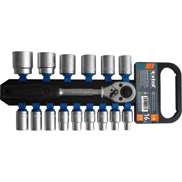 Комплект вложки гаечни с тресчотка, 16бр, 1/2", 8-30mm, 6529, EXTOL PREMIUM