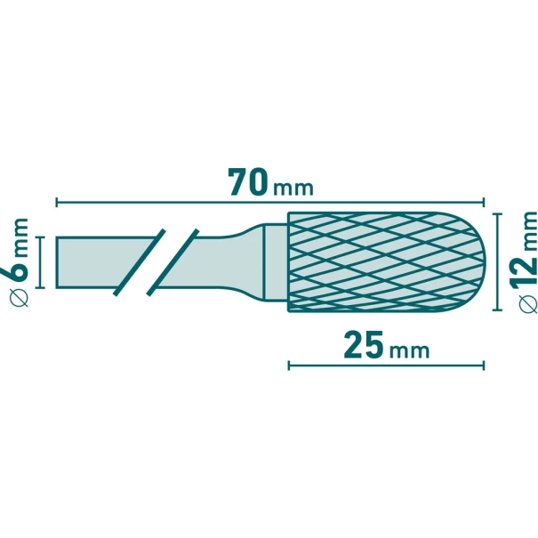 Борфреза карбидна цилиндрична, сферична глава Ø12x25mm, опашка Ø6mm, средни насечки, 8703725, EXTOL INDUSTRIAL