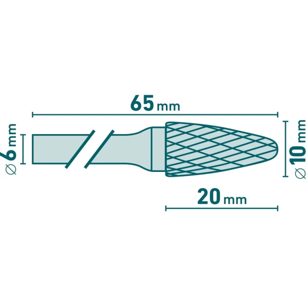 Борфреза карбидна дъговидна форма Ø10x20mm, опашка Ø6mm, средни насечки 8703754, EXTOL INDUSTRIAL