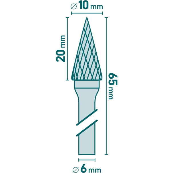 Борфреза карбидна конична Ø10x20mm, опашка Ø6mm, средни насечки 8703794, EXTOL INDUSTRIAL