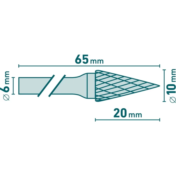Борфреза карбидна конична Ø10x20mm, опашка Ø6mm, средни насечки 8703794, EXTOL INDUSTRIAL