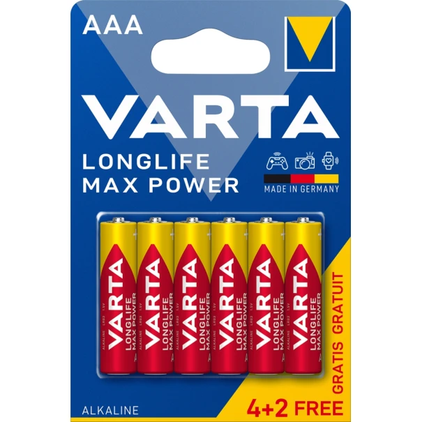 Усилени алкални батерии Longlife MAX POWER, LR 03, ААА, 4+2 бр, 4703101436, VARTA